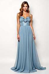 Grau Blau Chiffon A Linie Langes Hochzeitsgastkleid mit Perlen